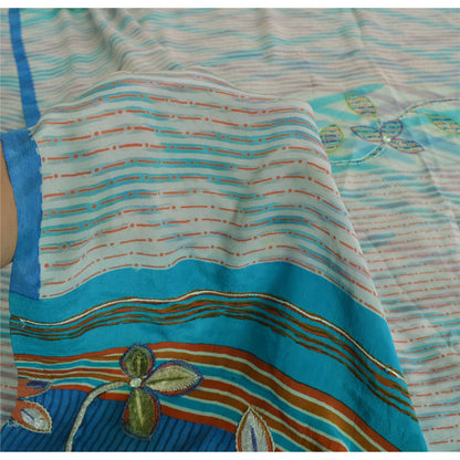 Sanskriti Vintage Sarees Ivory Pure Crepe Silk Printed Sari 5yd Craft Sustainable Fabric