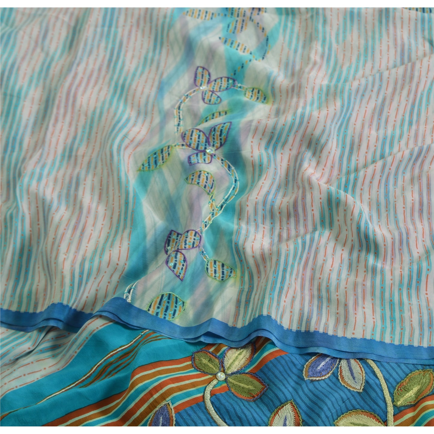 Sanskriti Vintage Sarees Ivory Pure Crepe Silk Printed Sari 5yd Craft Sustainable Fabric