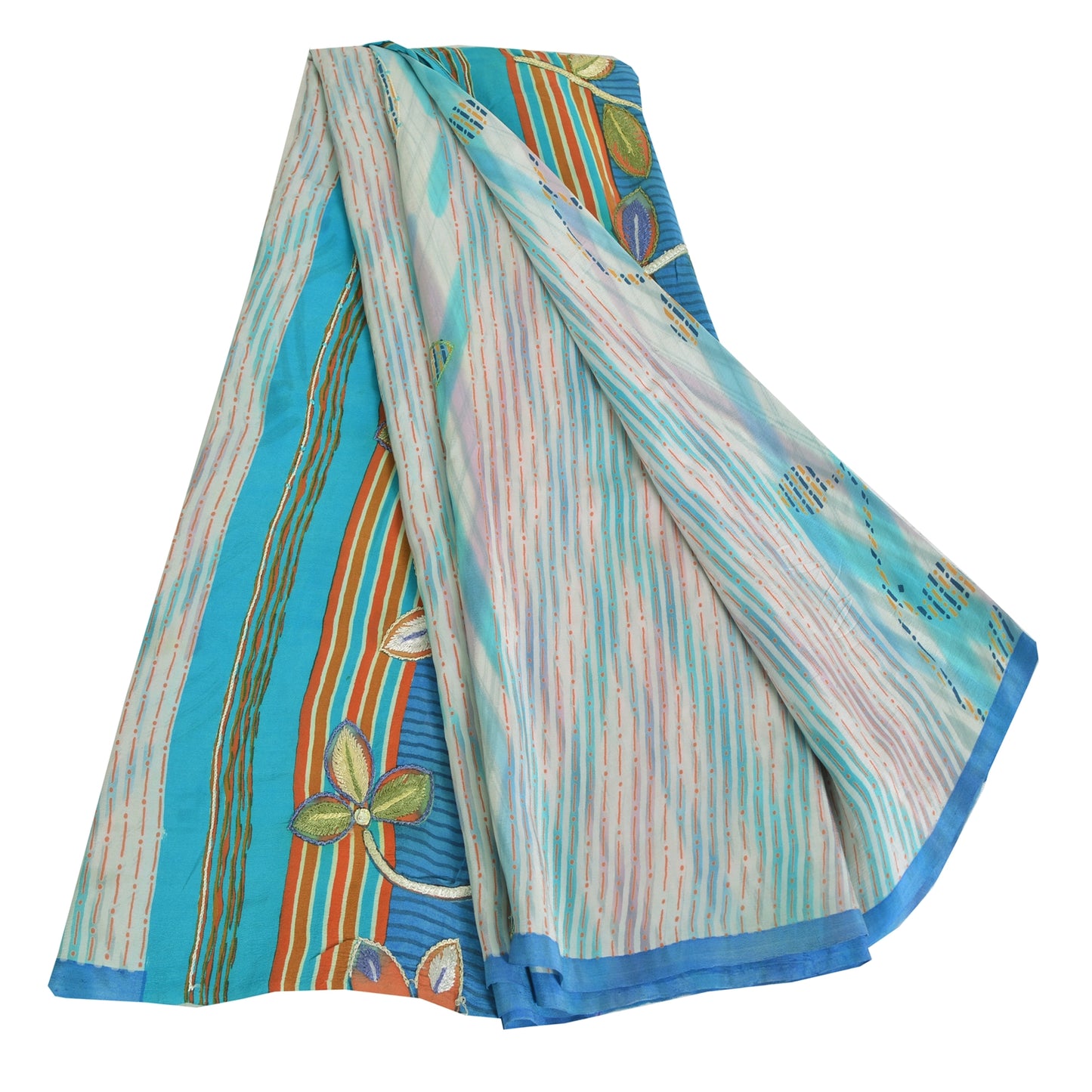 Sanskriti Vintage Sarees Ivory Pure Crepe Silk Printed Sari 5yd Craft Sustainable Fabric