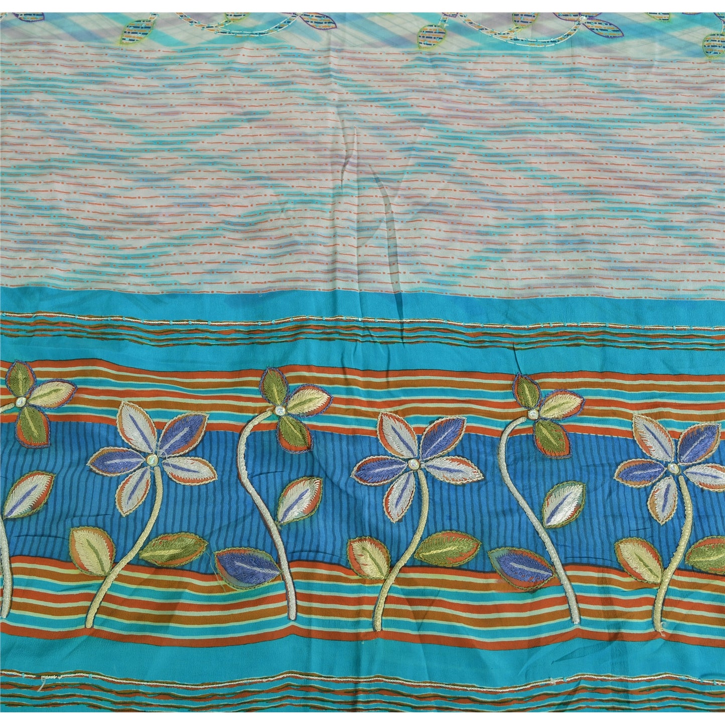 Sanskriti Vintage Sarees Ivory Pure Crepe Silk Printed Sari 5yd Craft Sustainable Fabric