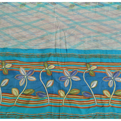 Sanskriti Vintage Sarees Ivory Pure Crepe Silk Printed Sari 5yd Craft Sustainable Fabric