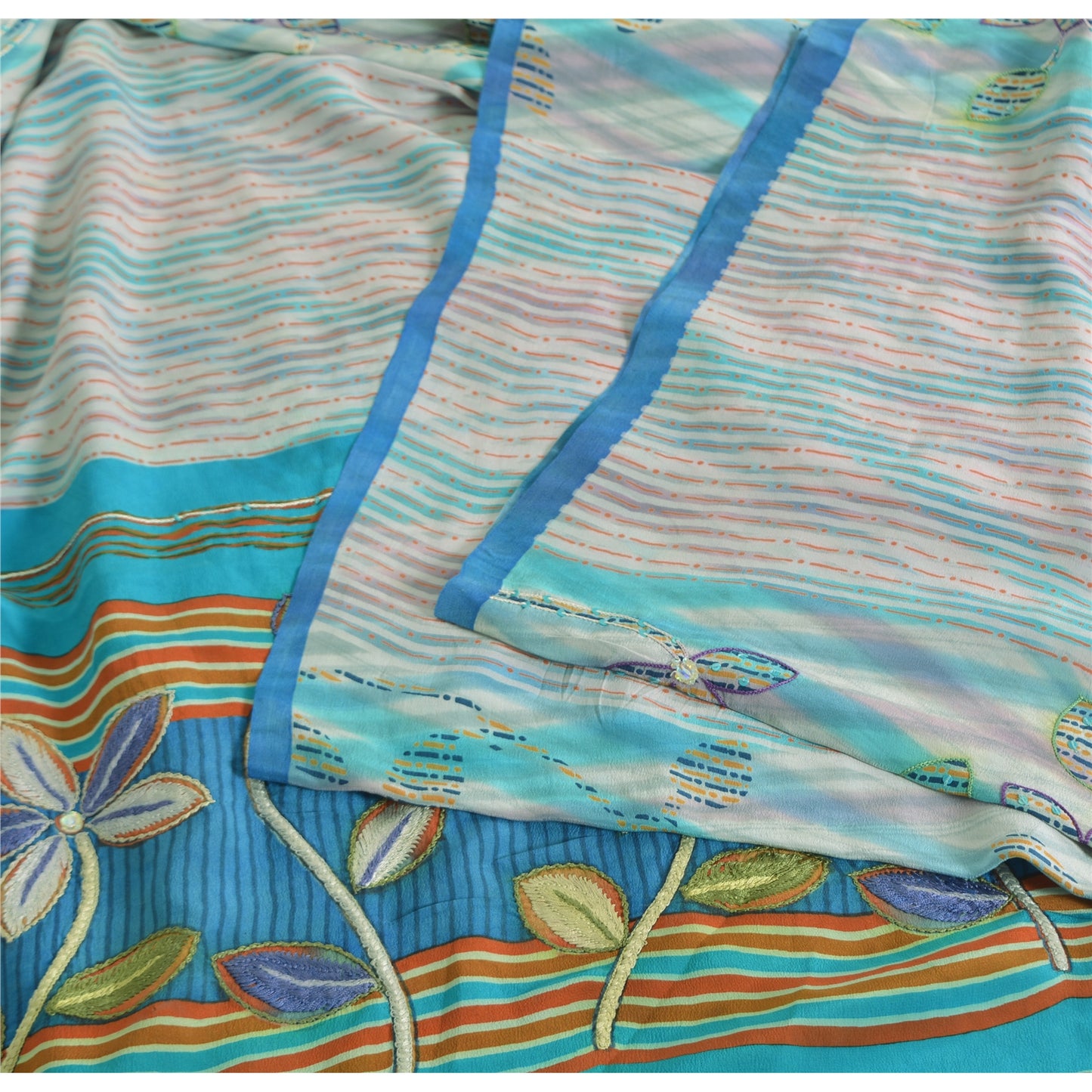 Sanskriti Vintage Sarees Ivory Pure Crepe Silk Printed Sari 5yd Craft Sustainable Fabric