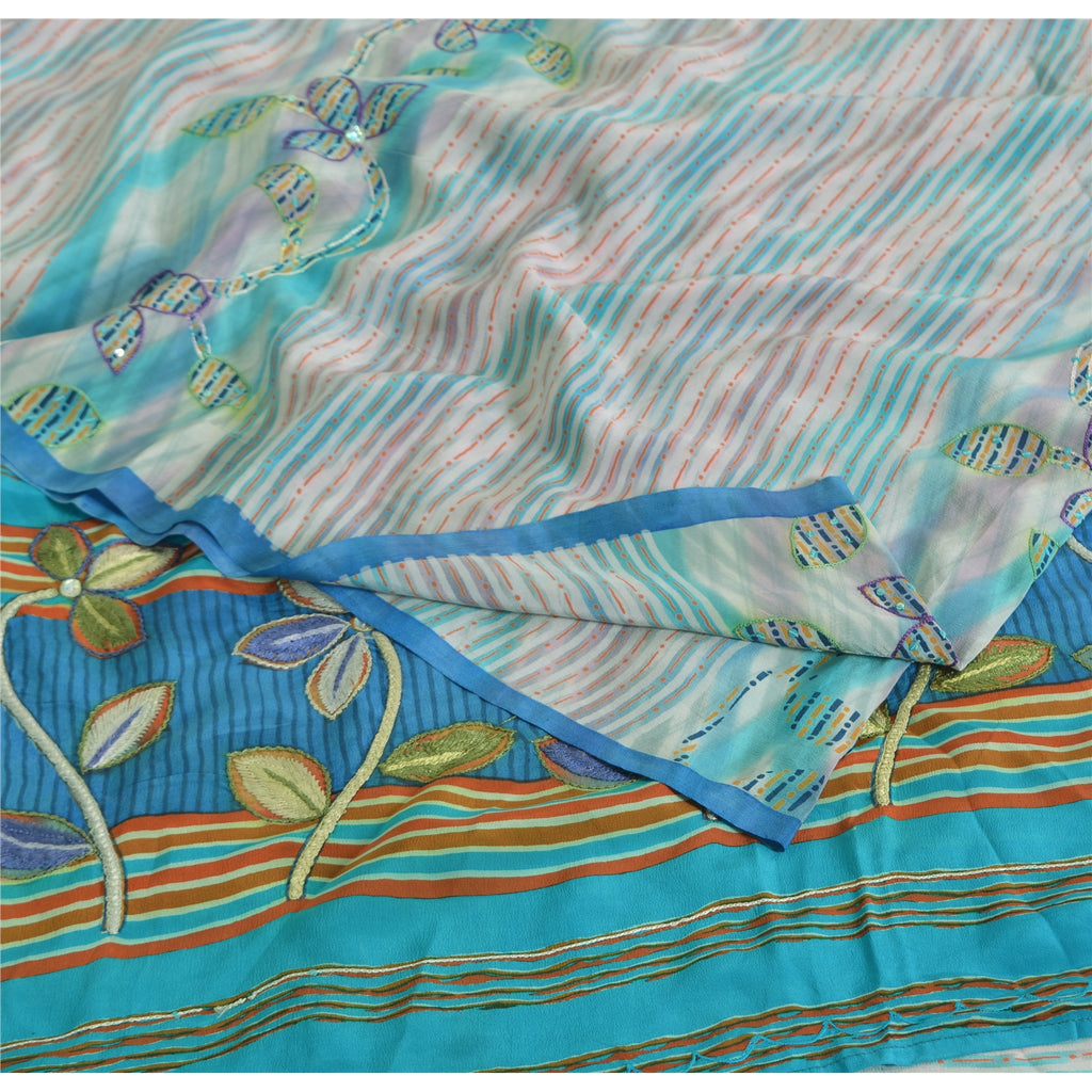 Sanskriti Vintage Sarees Ivory Pure Crepe Silk Printed Sari 5yd Craft Sustainable Fabric