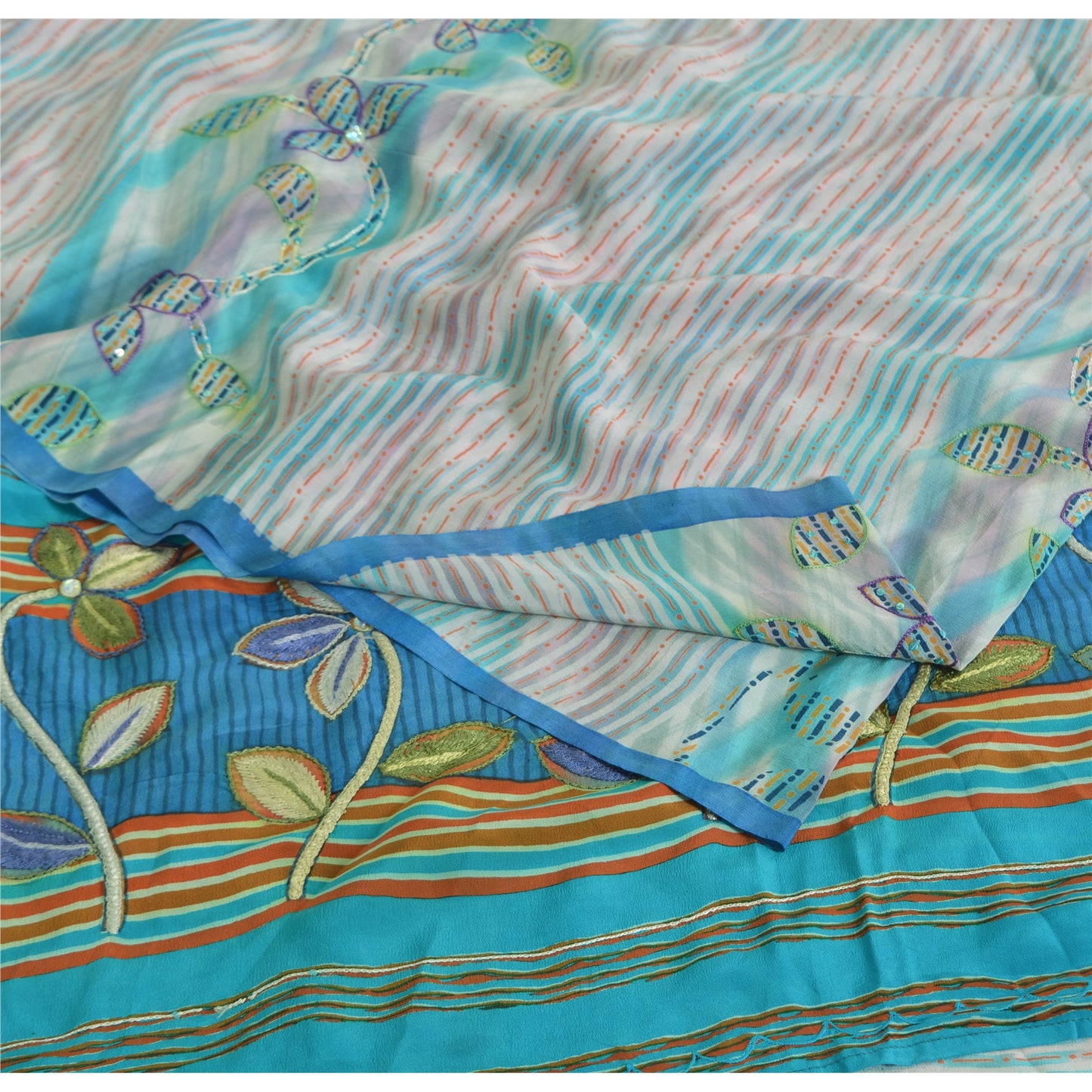 Sanskriti Vintage Sarees Ivory Pure Crepe Silk Printed Sari 5yd Craft Sustainable Fabric