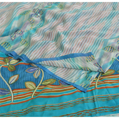 Sanskriti Vintage Sarees Ivory Pure Crepe Silk Printed Sari 5yd Craft Sustainable Fabric