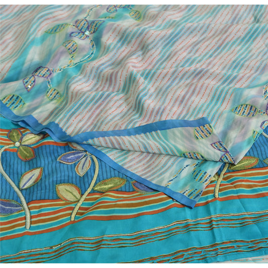 Sanskriti Vintage Sarees Ivory Pure Crepe Silk Printed Sari 5yd Craft Sustainable Fabric