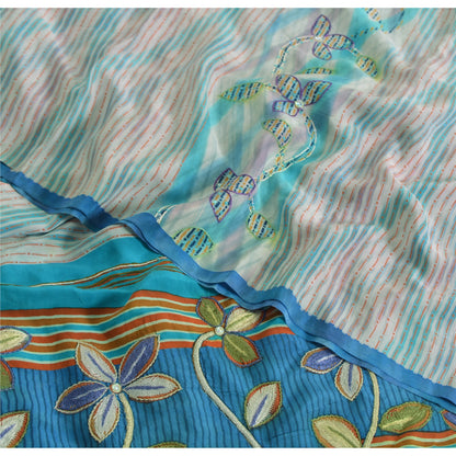 Sanskriti Vintage Sarees Ivory Pure Crepe Silk Printed Sari 5yd Craft Sustainable Fabric