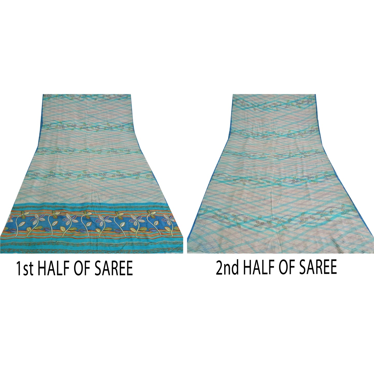 Sanskriti Vintage Sarees Ivory Pure Crepe Silk Printed Sari 5yd Craft Sustainable Fabric