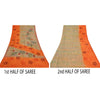Sanskriti Vintage Sarees Ivory/Orange Pure Crepe Silk Print Sari Craft Sustainable Fabric