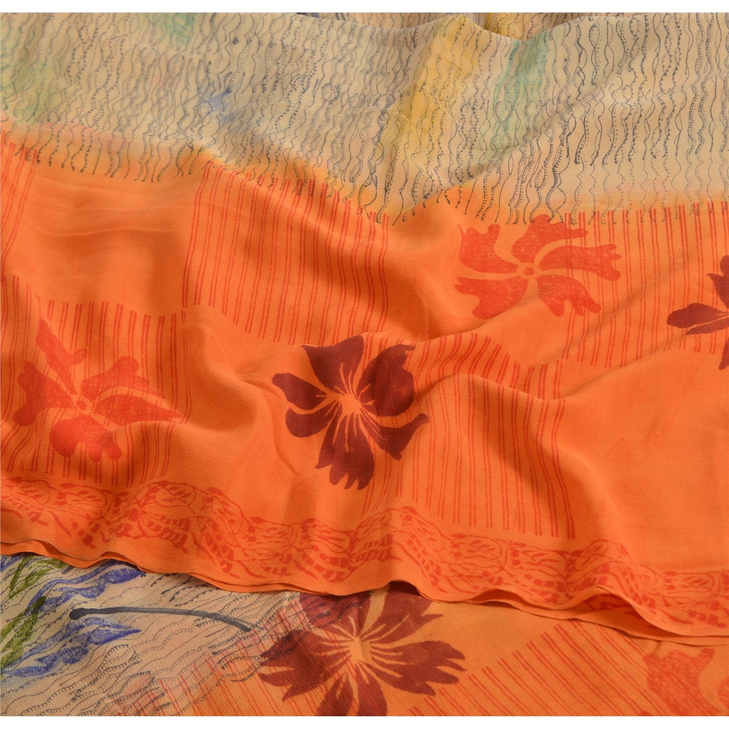 Sanskriti Vintage Sarees Ivory/Orange Pure Crepe Silk Print Sari Craft Sustainable Fabric