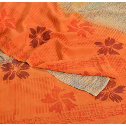 Sanskriti Vintage Sarees Ivory/Orange Pure Crepe Silk Print Sari Craft Sustainable Fabric