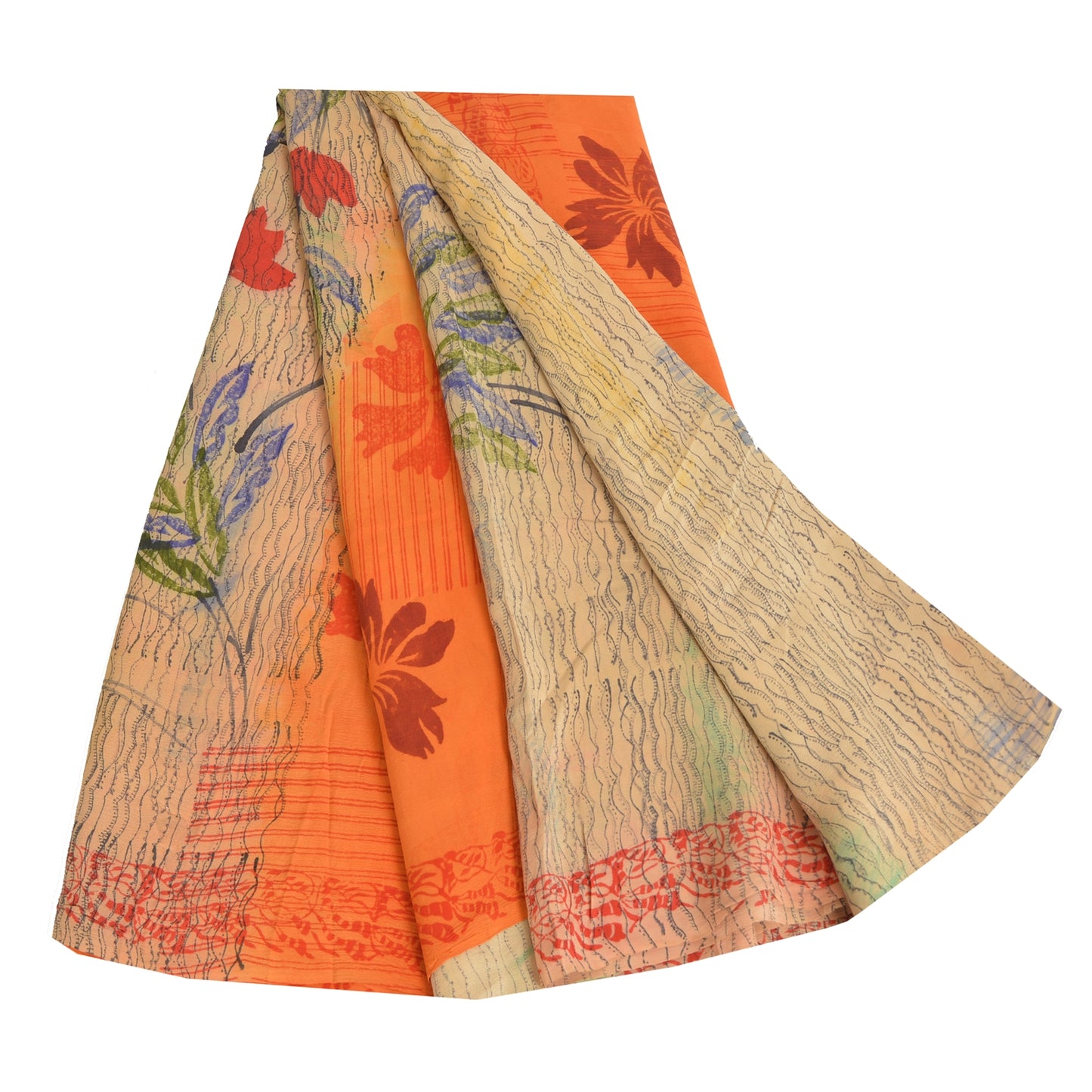 Sanskriti Vintage Sarees Ivory/Orange Pure Crepe Silk Print Sari Craft Sustainable Fabric