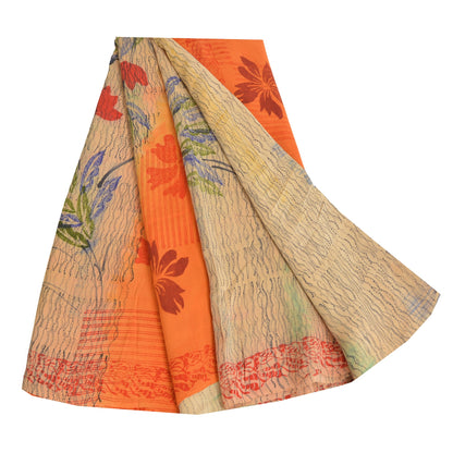 Sanskriti Vintage Sarees Ivory/Orange Pure Crepe Silk Print Sari Craft Sustainable Fabric