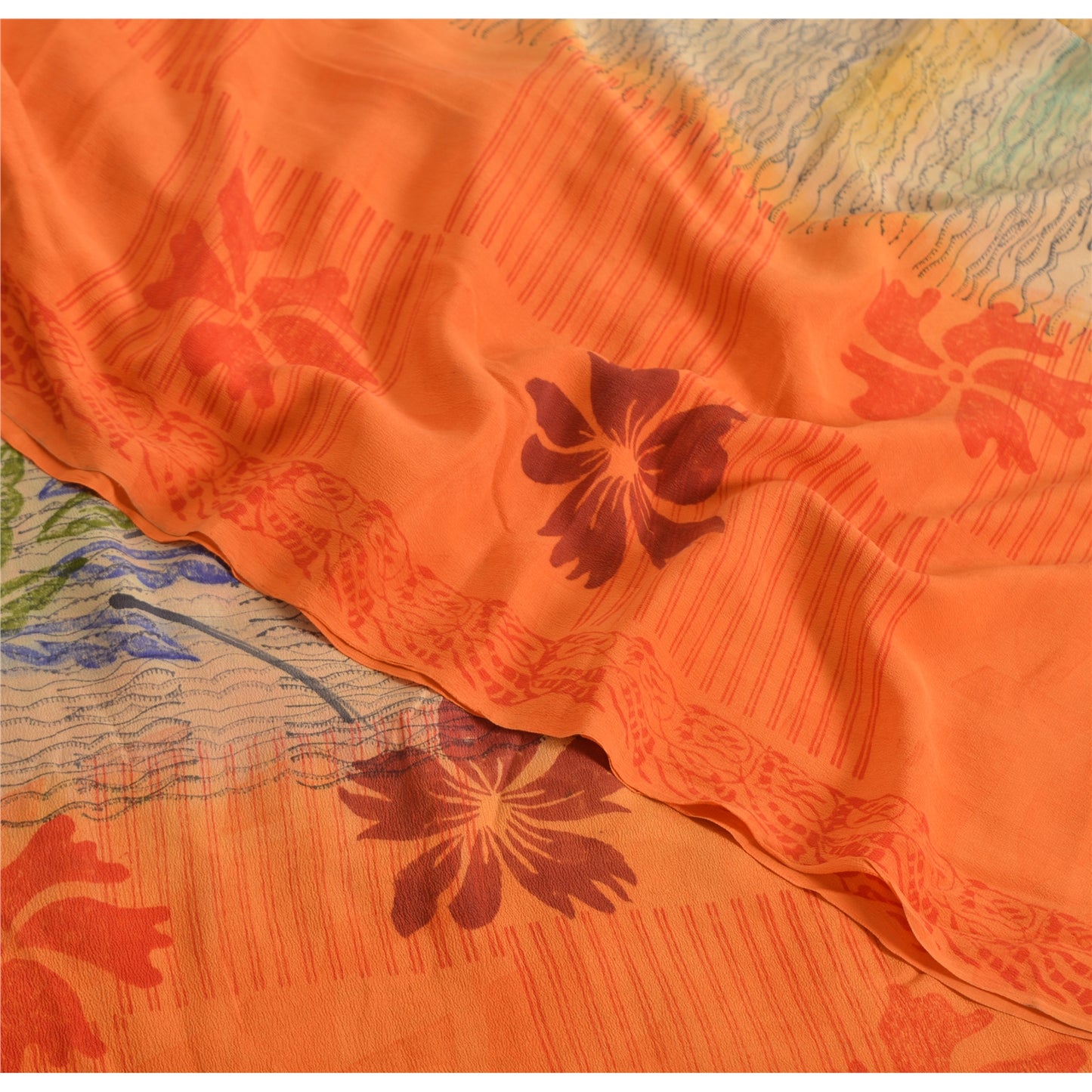 Sanskriti Vintage Sarees Ivory/Orange Pure Crepe Silk Print Sari Craft Sustainable Fabric