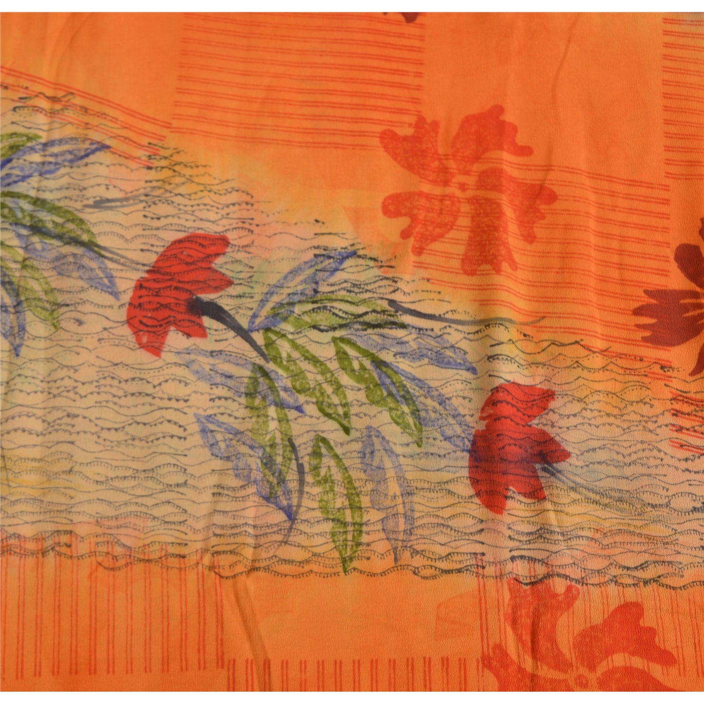 Sanskriti Vintage Sarees Ivory/Orange Pure Crepe Silk Print Sari Craft Sustainable Fabric