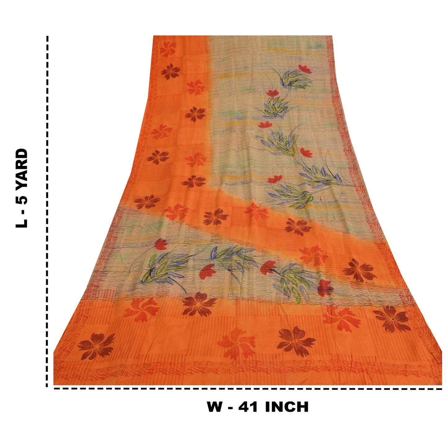 Sanskriti Vintage Sarees Ivory/Orange Pure Crepe Silk Print Sari Craft Sustainable Fabric