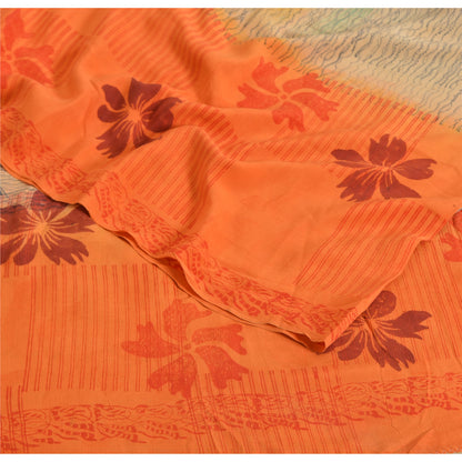 Sanskriti Vintage Sarees Ivory/Orange Pure Crepe Silk Print Sari Craft Sustainable Fabric