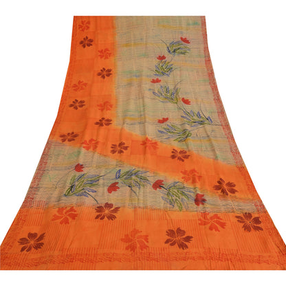 Sanskriti Vintage Sarees Ivory/Orange Pure Crepe Silk Print Sari Craft Sustainable Fabric