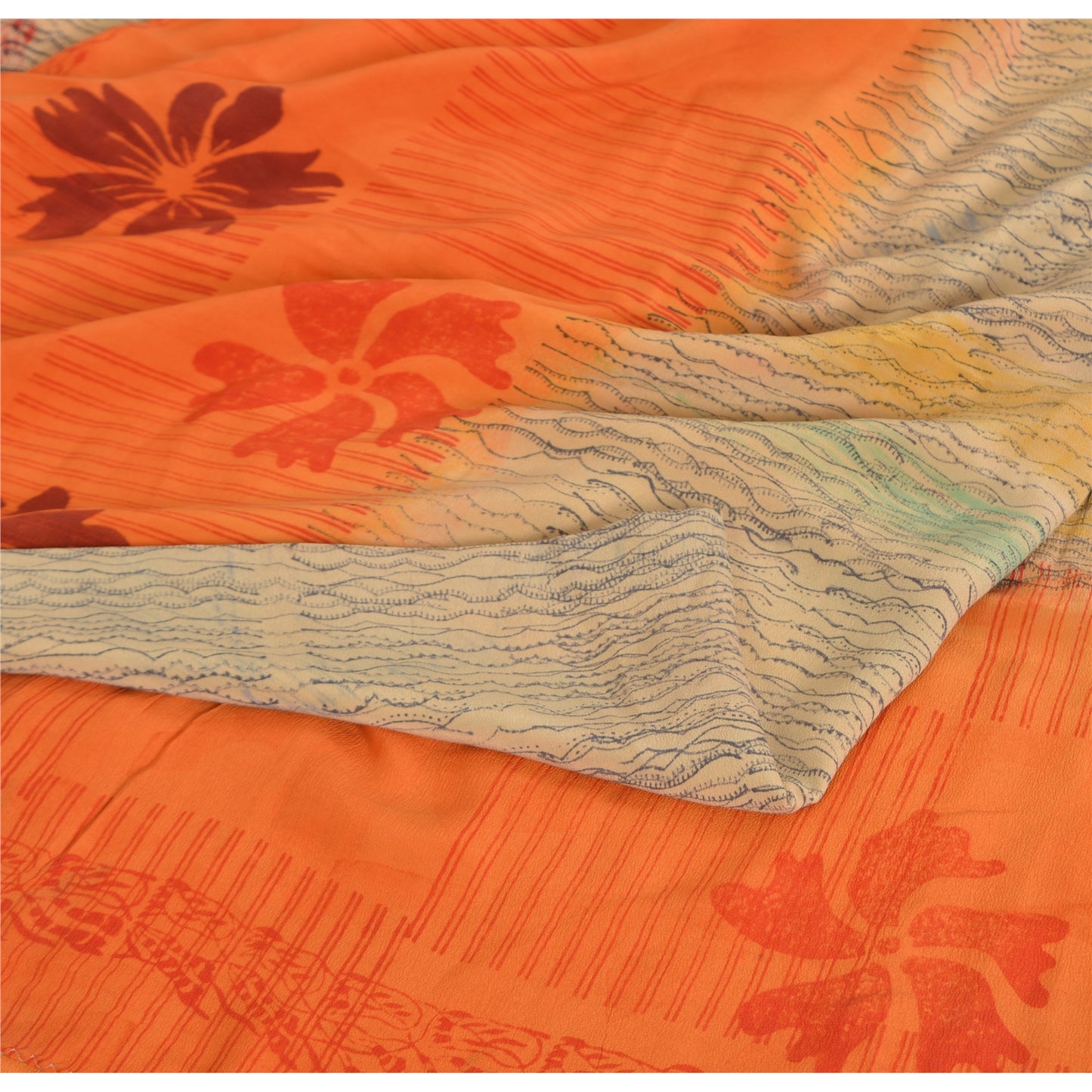Sanskriti Vintage Sarees Ivory/Orange Pure Crepe Silk Print Sari Craft Sustainable Fabric