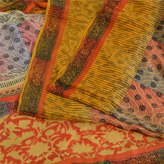 Sanskriti Vintage Sarees Multicolor Pure Crepe Silk Print Sari 5yd Craft Sustainable Fabric