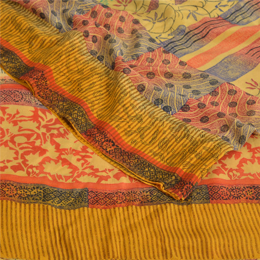 Sanskriti Vintage Sarees Multicolor Pure Crepe Silk Print Sari 5yd Craft Sustainable Fabric