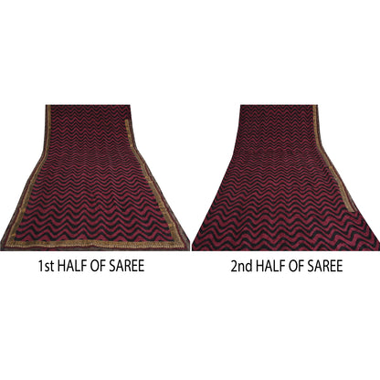 Sanskriti Vintage Sarees Purple/Black Pure Crepe Silk Print Lace WorkSari Sustainable Fabric