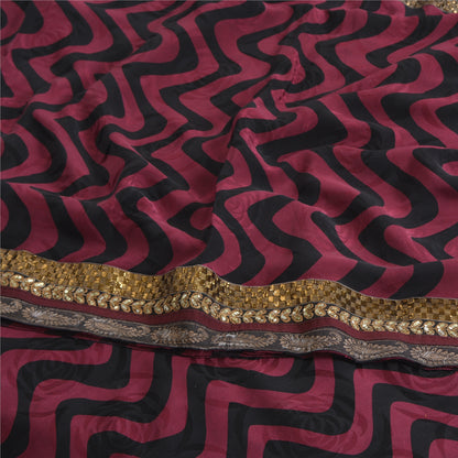 Sanskriti Vintage Sarees Purple/Black Pure Crepe Silk Print Lace WorkSari Sustainable Fabric