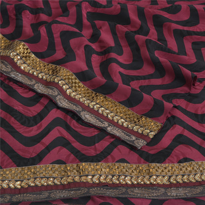 Sanskriti Vintage Sarees Purple/Black Pure Crepe Silk Print Lace WorkSari Sustainable Fabric