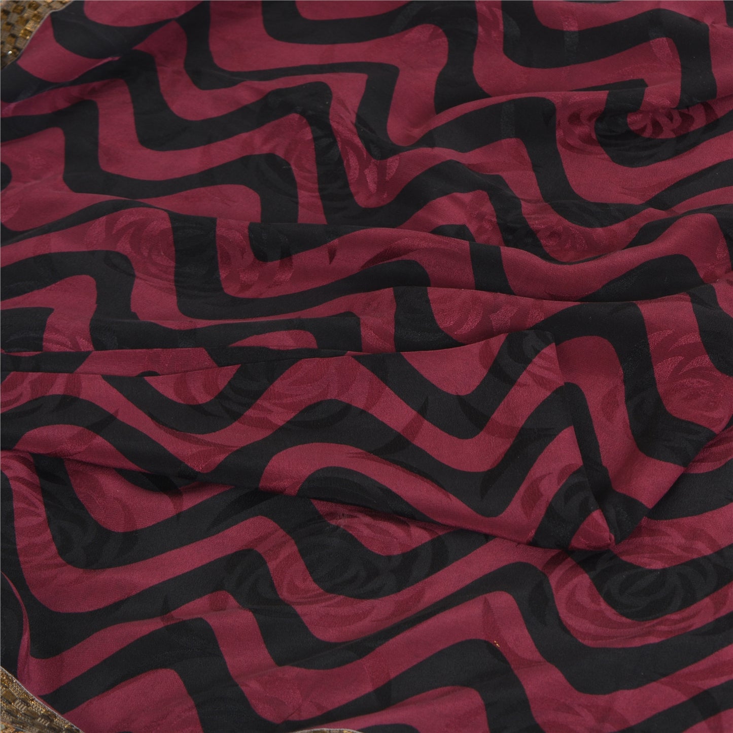 Sanskriti Vintage Sarees Purple/Black Pure Crepe Silk Print Lace WorkSari Sustainable Fabric