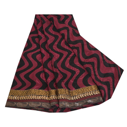 Sanskriti Vintage Sarees Purple/Black Pure Crepe Silk Print Lace WorkSari Sustainable Fabric