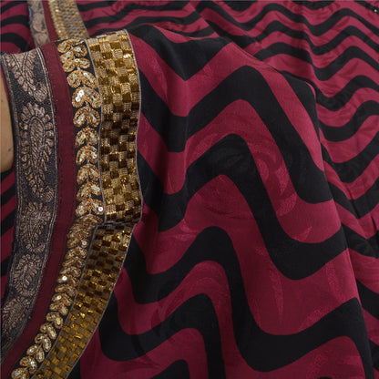 Sanskriti Vintage Sarees Purple/Black Pure Crepe Silk Print Lace WorkSari Sustainable Fabric