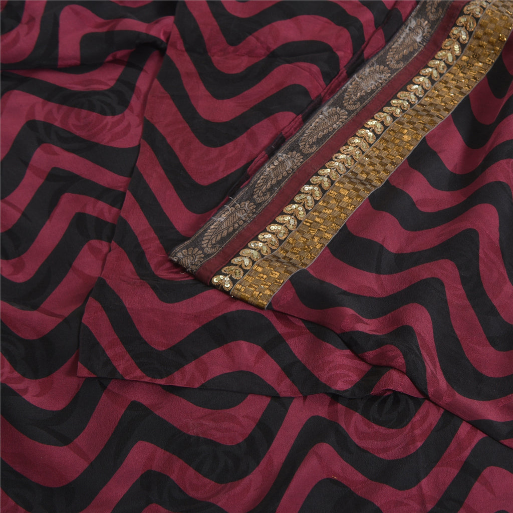 Sanskriti Vintage Sarees Purple/Black Pure Crepe Silk Print Lace WorkSari Sustainable Fabric