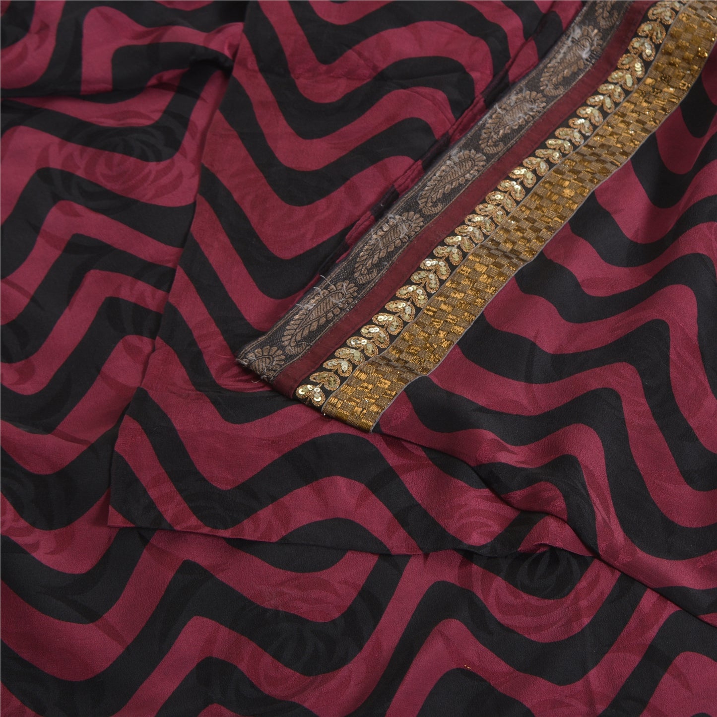 Sanskriti Vintage Sarees Purple/Black Pure Crepe Silk Print Lace WorkSari Sustainable Fabric