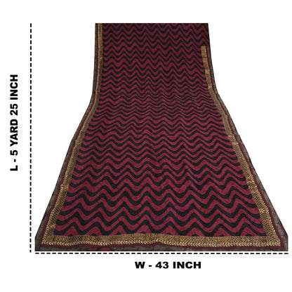 Sanskriti Vintage Sarees Purple/Black Pure Crepe Silk Print Lace WorkSari Sustainable Fabric