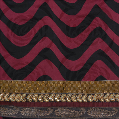 Sanskriti Vintage Sarees Purple/Black Pure Crepe Silk Print Lace WorkSari Sustainable Fabric