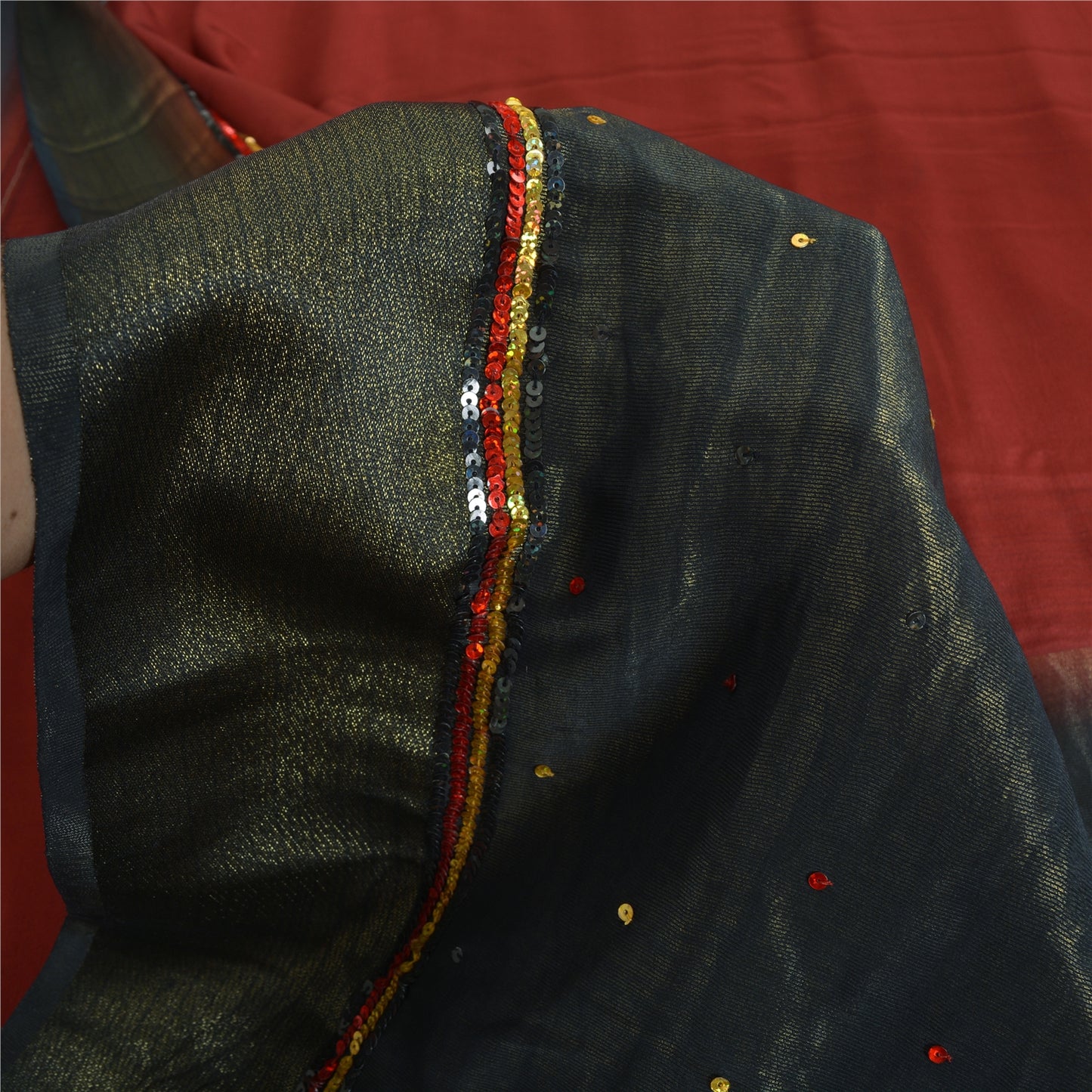 Sanskriti Vintage Sarees Red Pure Crepe Silk Hand Beaded Woven Sari Craft Sustainable Fabric