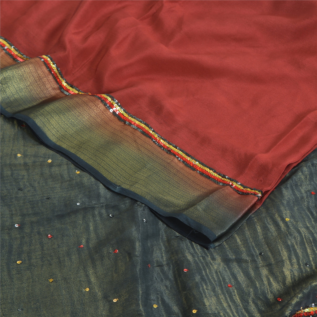 Sanskriti Vintage Sarees Red Pure Crepe Silk Hand Beaded Woven Sari Craft Sustainable Fabric