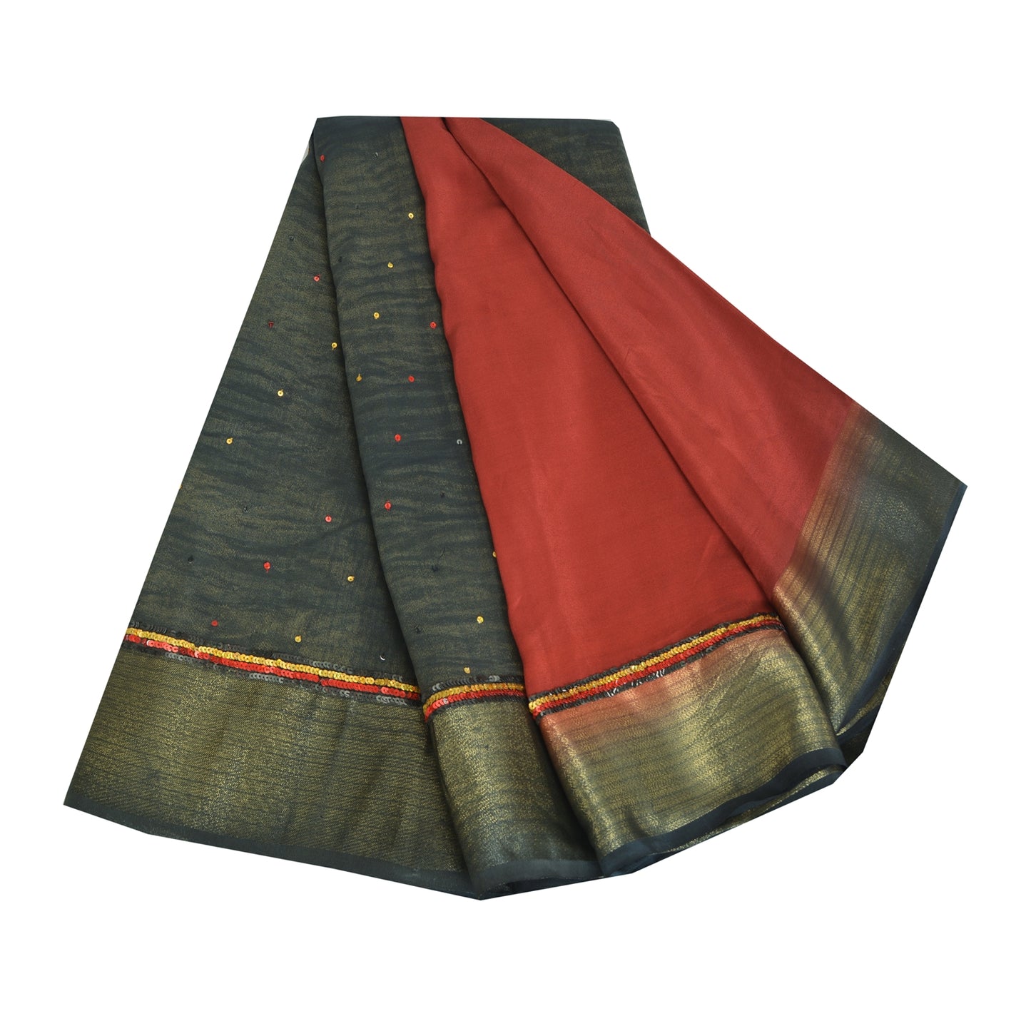 Sanskriti Vintage Sarees Red Pure Crepe Silk Hand Beaded Woven Sari Craft Sustainable Fabric