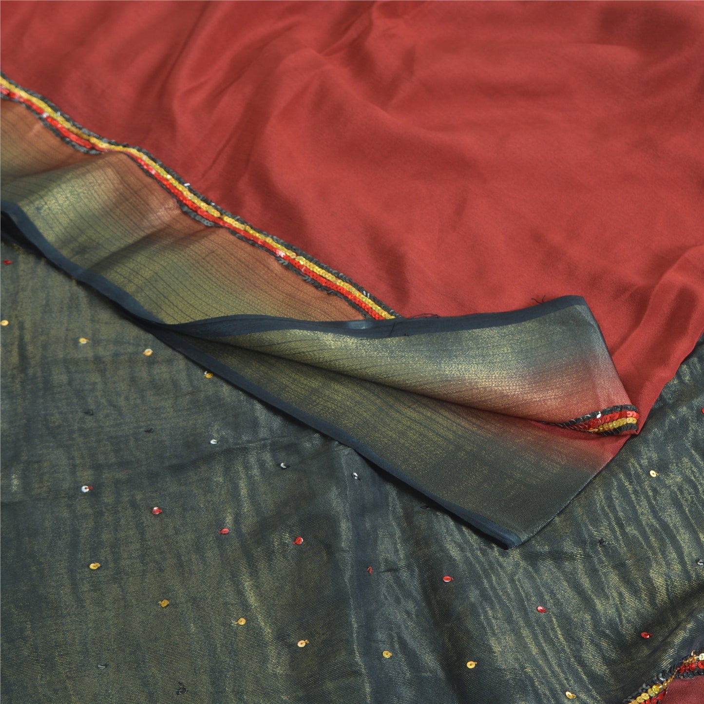 Sanskriti Vintage Sarees Red Pure Crepe Silk Hand Beaded Woven Sari Craft Sustainable Fabric