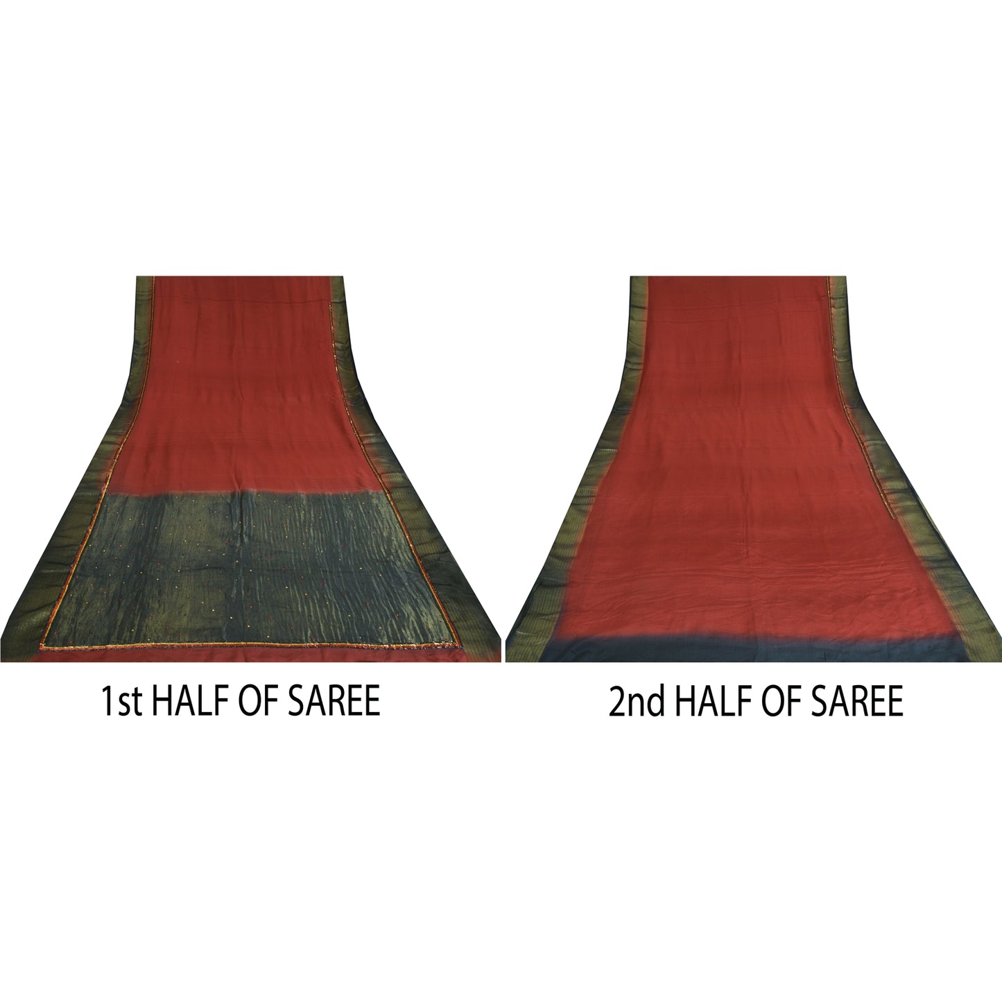 Sanskriti Vintage Sarees Red Pure Crepe Silk Hand Beaded Woven Sari Craft Sustainable Fabric