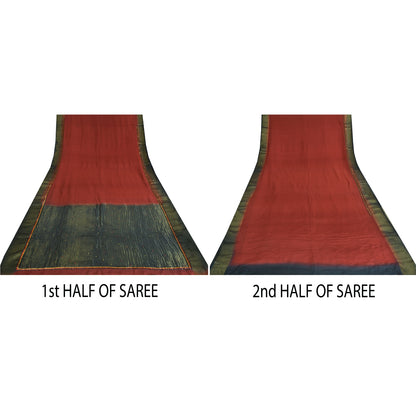 Sanskriti Vintage Sarees Red Pure Crepe Silk Hand Beaded Woven Sari Craft Sustainable Fabric