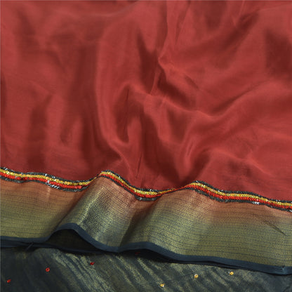 Sanskriti Vintage Sarees Red Pure Crepe Silk Hand Beaded Woven Sari Craft Sustainable Fabric