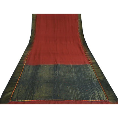 Sanskriti Vintage Sarees Red Pure Crepe Silk Hand Beaded Woven Sari Craft Sustainable Fabric