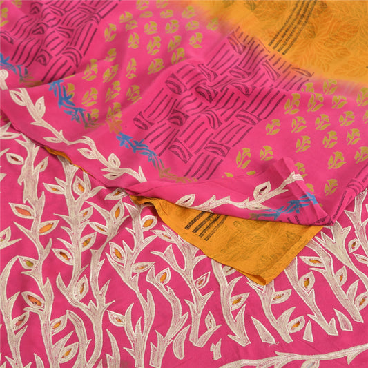 Sanskriti Vintage Sarees Yellow/Pink Pure Crepe Silk Print Sari 5yd Craft Sustainable Fabric