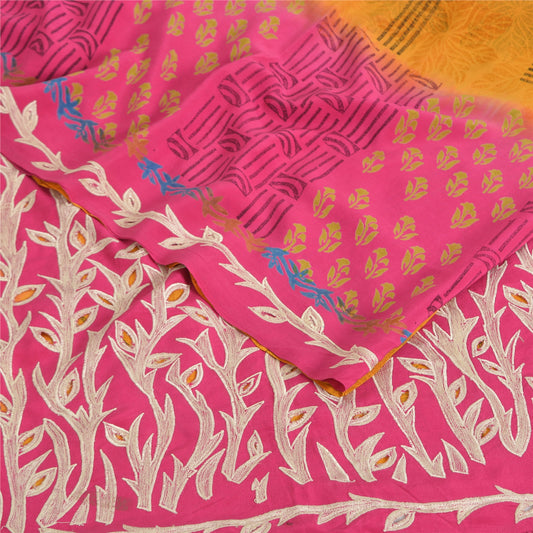 Sanskriti Vintage Sarees Yellow/Pink Pure Crepe Silk Print Sari 5yd Craft Sustainable Fabric