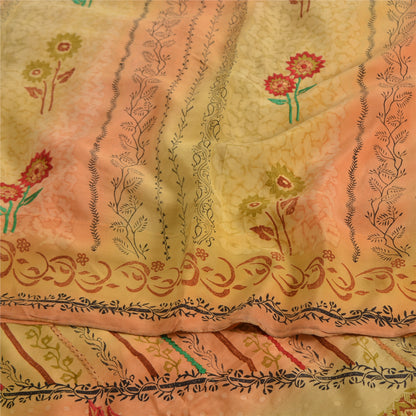 Sanskriti Vintage Sarees Green/Pink Pure Crepe Silk Print Sari 5yd Craft Sustainable Fabric