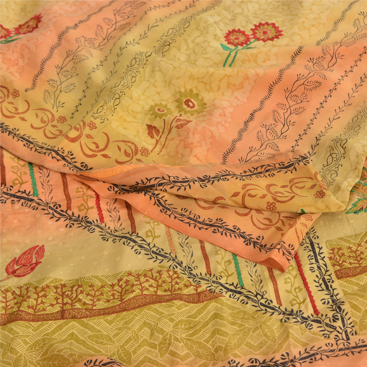 Sanskriti Vintage Sarees Green/Pink Pure Crepe Silk Print Sari 5yd Craft Sustainable Fabric