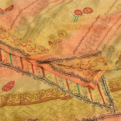 Sanskriti Vintage Sarees Green/Pink Pure Crepe Silk Print Sari 5yd Craft Sustainable Fabric