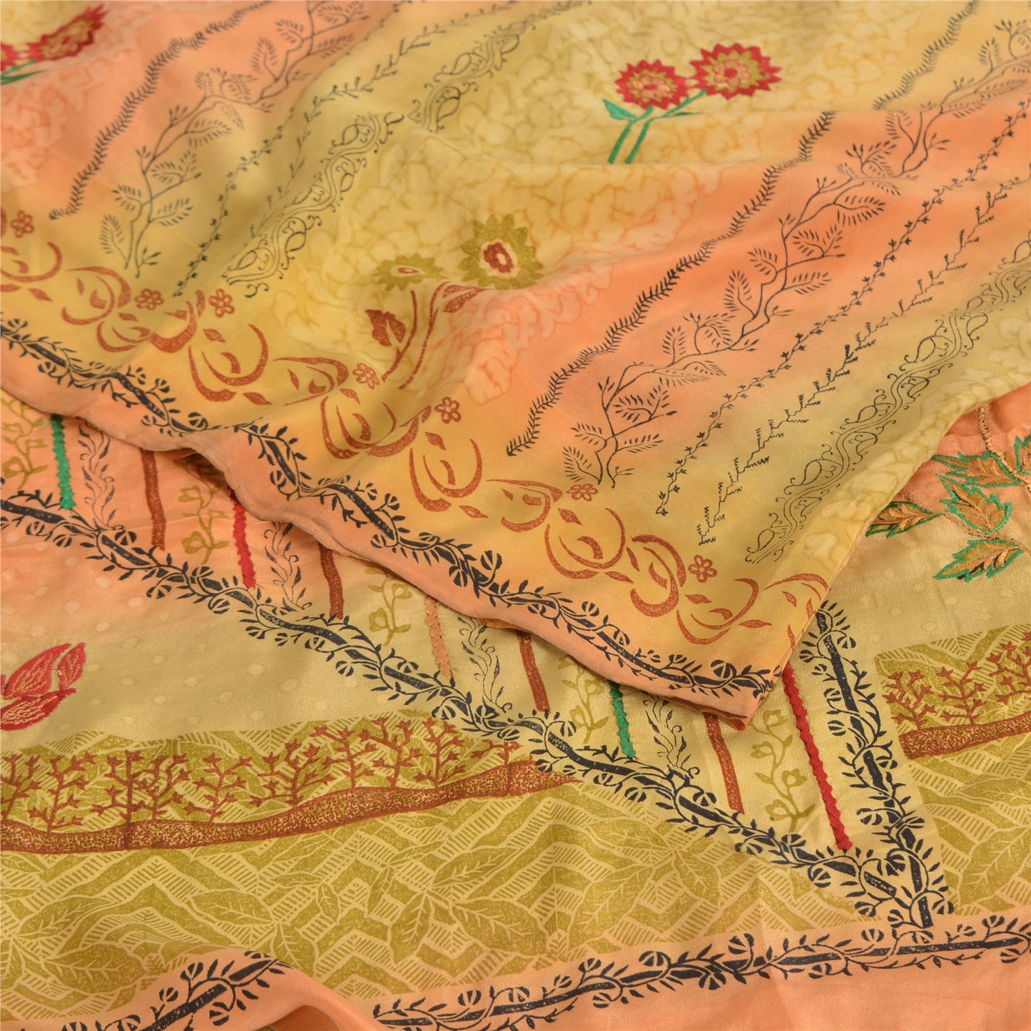 Sanskriti Vintage Sarees Green/Pink Pure Crepe Silk Print Sari 5yd Craft Sustainable Fabric