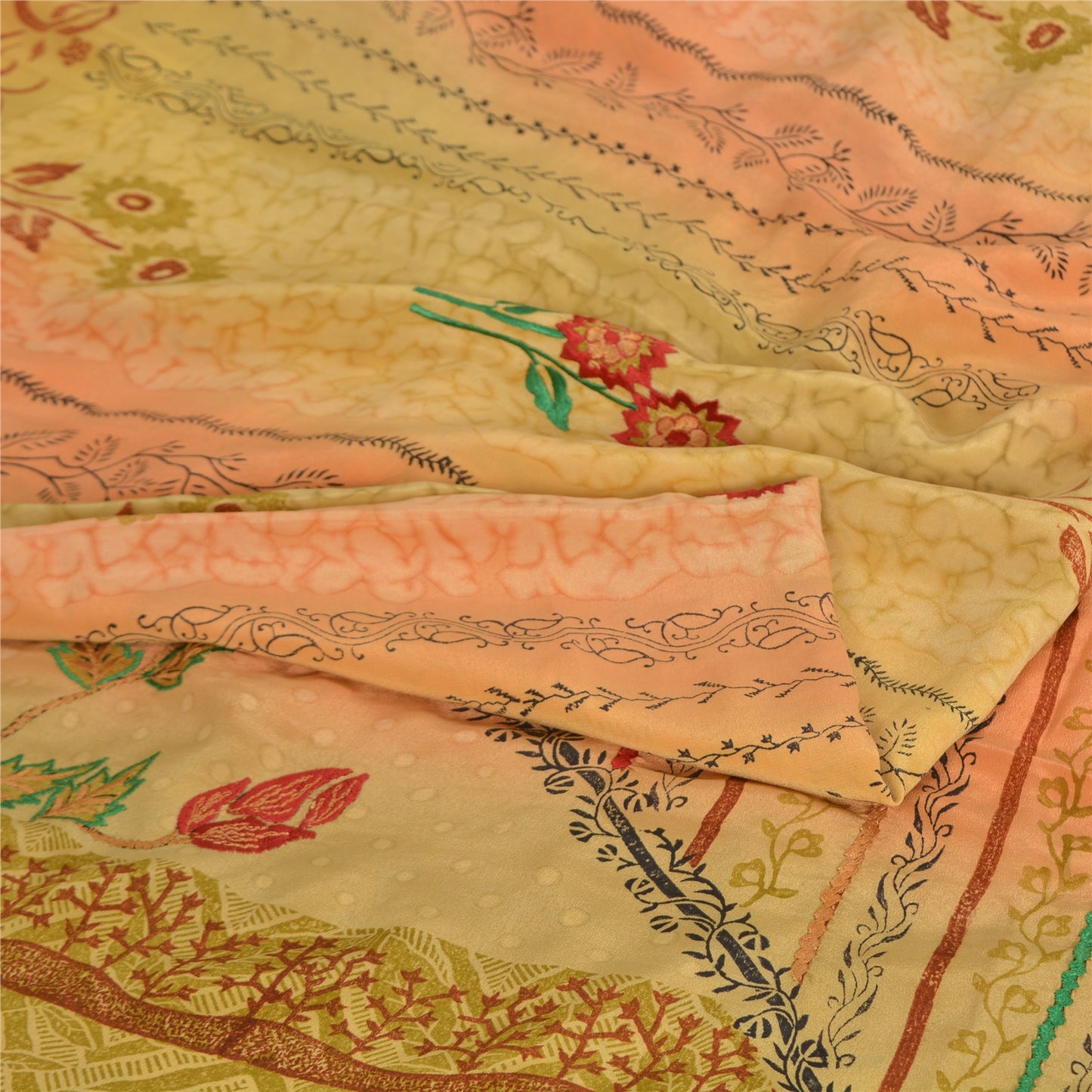 Sanskriti Vintage Sarees Green/Pink Pure Crepe Silk Print Sari 5yd Craft Sustainable Fabric